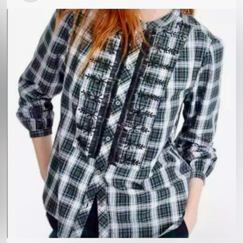 J. Crew Embellished Forest Tartan Plaid Button Up Blouse Top Shirt Sz M EUC!